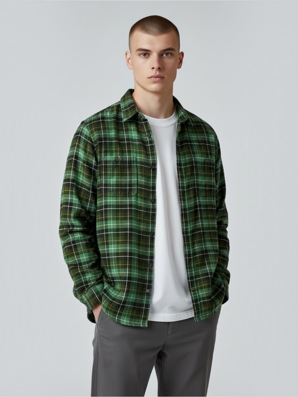Goodfellow & Co Men’s Standard Fit Cotton Green Plaid Flannel Button Up Shirt XL